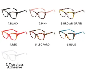 Cat-eye TR90 frames in seven diverse colors like leopard print and clear pink
