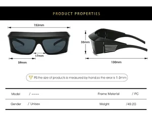 Detailed size chart for Y2K oversized sunglasses with full PC frame measurements