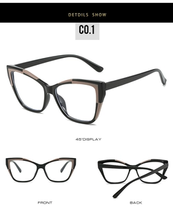 Three-angle views of cat-eye TR90 frames in black with beige two-tone accent details