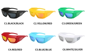 Selection of colorful Y2K sports sunglasses featuring wrap-around frames and six color options
