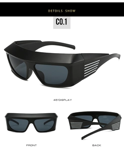 Detailed multi-angle views of futuristic black Y2K sunglasses with silver temple stripes