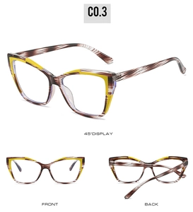 Three-view detail of TR90 cat-eye glasses frame in tortoise shell and bright yellow