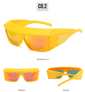 Three-view display of futuristic Y2K sports sunglasses with yellow frame and orange lenses