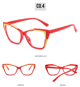 Three-view display of red and yellow cat-eye glasses frames with 45-degree angle detail