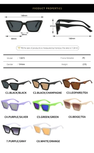 Detailliertes Diagramm der Katzenaugen-Sonnenbrille mit Maßen und acht Farbvarianten