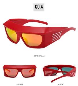 Red Y2K oversized sunglasses with orange lenses shown in front, side, and back views