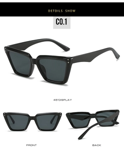 Drei Ansichten der schwarzen Cat-Eye-Sonnenbrille mit Silbernieten und dunklen Gläsern