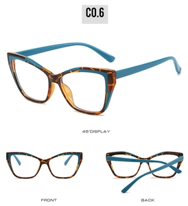 Three-angle display of cat-eye glasses frames with tortoiseshell pattern and blue light blocking