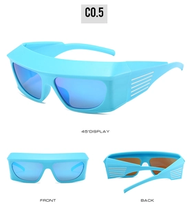 Three-view display of futuristic blue Y2K cycling sunglasses with silver stripe detail