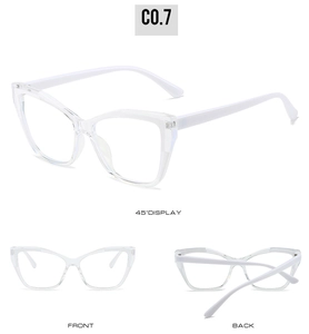 Three-angle view of transparent cat-eye TR90 frames with white temples and clear finish