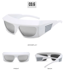 Detailed multi-angle views of white futuristic Y2K wraparound sunglasses with silver lenses