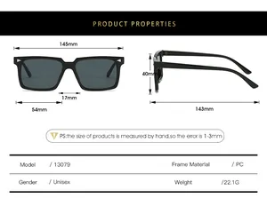Tabella taglie dettagliata per occhiali da sole quadrati con dimensioni e specifiche PC