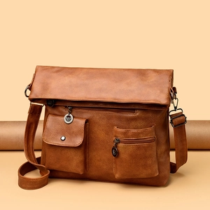 Retro brown PU leather tote bag for men with large capacity and adjustable strap