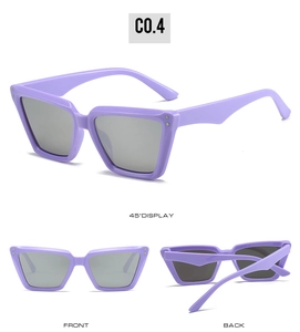Drei-Ansichten-Display der lila Cat-Eye-Sonnenbrille mit grauen Gläsern und Metallnieten