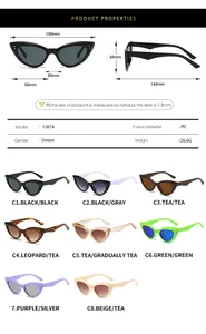 Detailed size chart and specifications for vintage cat-eye sunglasses with PC frames
