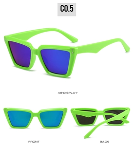 Drei Ansichten der Cat-Eye-Sonnenbrille in Neongrün mit blau reflektierenden Gläsern