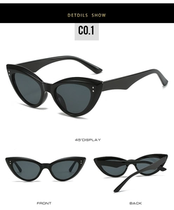 Detailed views of black cat-eye sunglasses with silver rivets and UV protection lenses