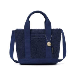 Borsa tote in pile orsetto blu navy con finiture in tela e tracolla lunga rimovibile