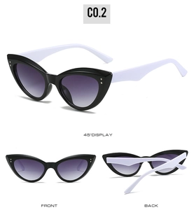 Three-angle view of cat-eye sunglasses with black frame, white temples and gradient lenses
