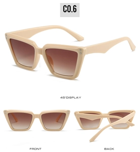 Drei Ansichten einer beigen quadratischen Sonnenbrille mit braunem Farbverlauf, Front und Back