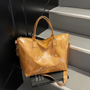 Shiny Wrinkled PVC Tote Bag Large Capacity Letter Print Handbag With Adjustable Strap For Women Daily Commute Trendy