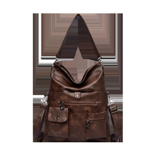 Retro dark brown large capacity tote bag with functional pockets and adjustable strap