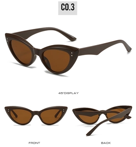 Multi-angle view of vintage brown cat-eye sunglasses with metal rivet details