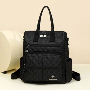 Black quilted nylon backpack for women with large capacity and multi-pocket design