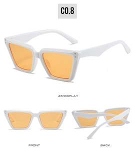 Detailansichten der weißen rechteckigen Sonnenbrille mit orangen Gläsern aus verschiedenen Winkeln