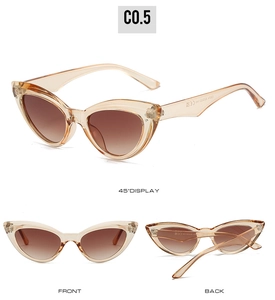 Three-view display of amber cat-eye sunglasses showing front, back, and side angles