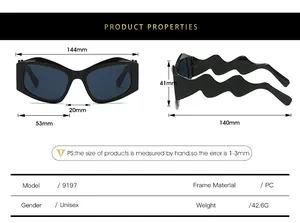 Tableau des tailles pour lunettes de soleil irrégulières avec branches ondulées et monture PC