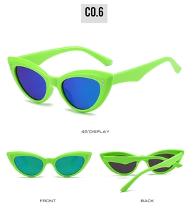Three perspectives of fluorescent green cat-eye sunglasses with blue reflective lenses