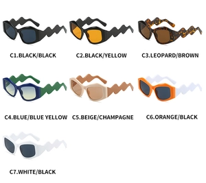 Collection de sept lunettes de soleil irrégulières avec branches ondulées en plusieurs coloris