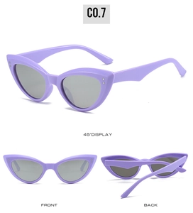Detailed views of purple cat eye sunglasses with silver rivets and dark gray lenses