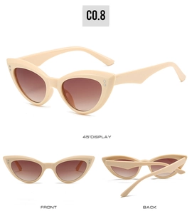 Three-view display of beige cat eye sunglasses with metal dot studs and brown gradient lenses