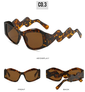 Vues détaillées de lunettes de soleil écailles avec branches ondulées et verres bruns