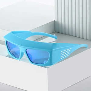 Y2K futuristic blue cycling sunglasses with oversized mirrored lenses and sleek frame