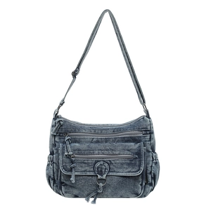 Multi-pocket washed denim crossbody bag for women with adjustable shoulder strap