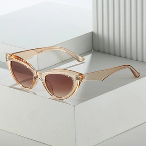 Vintage cat eye sunglasses with champagne frames and brown gradient lenses on stone base