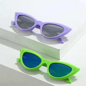 Retro triangle cat eye sunglasses with silver rivets in purple and neon green frames