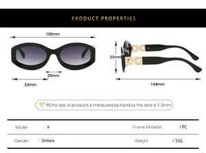 Detail view of oval sunglasses with golden hollow chain decor and size measurements