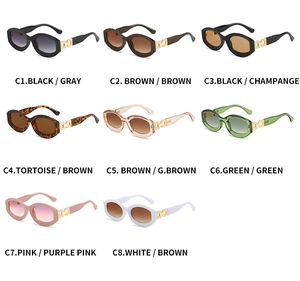 Grid display of oval sunglasses in eight colors featuring hollow metal chain temples