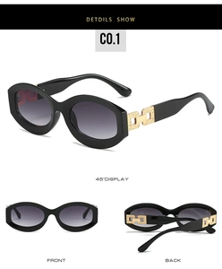Detail of vintage oval sunglasses with luxury gold hollow-out chain temple decoration
