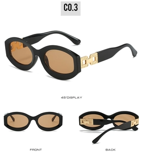 Three-view display of oval sunglasses with gold hollow chain temples and amber lenses