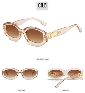 Detailed views of oval tea-colored sunglasses with hollow gold metal temples and gradient lenses