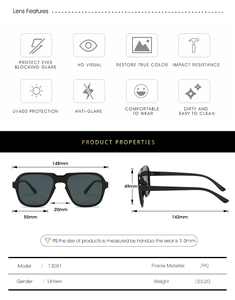 Technical drawing of geometric sunglasses with PC frame measurements and UV400 features