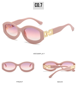 Multi-angle view of pink oval sunglasses featuring gold hollow metal hinge details