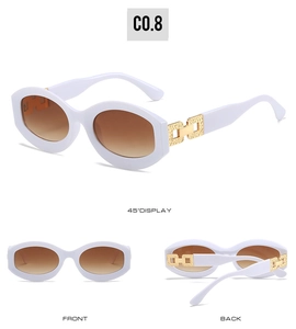 Three-angle view of white oval sunglasses featuring golden hollow metal temple details