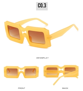 Vue détaillée de lunettes de soleil carrées jaunes montrant l'avant, l'arrière et l'angle 45°