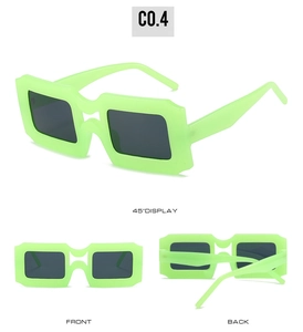 Vues détaillées sous plusieurs angles de lunettes de soleil carrées vert fluo avec verres gris
